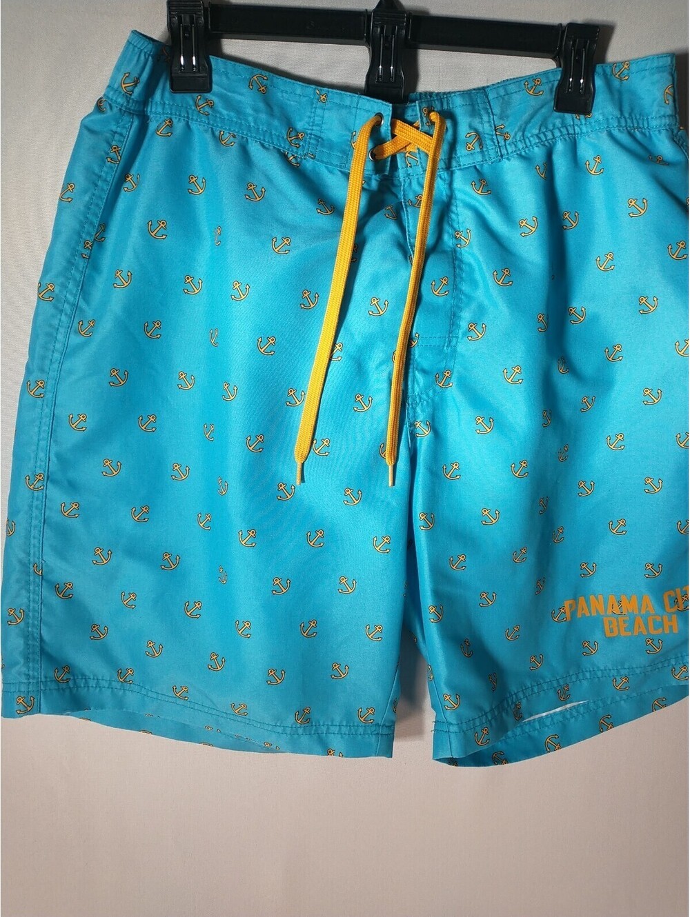 American Crown Swim Board Shorts, L, lin Panama City Beach, Blue, Yellow Anchor.